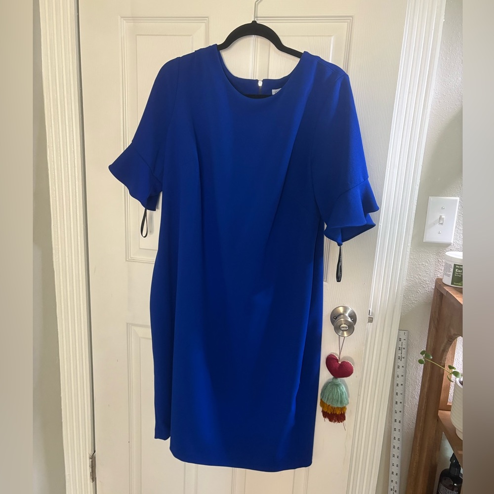 Calvin Klein Ruffle Short Sleeve Sheath Dress Regatta